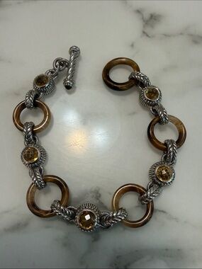 Judith Ripka silver, tigers eye, and citrine toggle bracelet